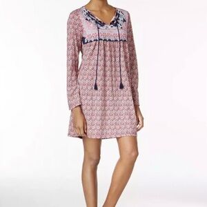 Lucky Brand Red and Blue Boho Tunic dress tassel large EUC